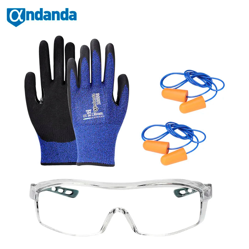 Andanda Work Protection Kit Cut Resistant Nitrile Gloves Anti Cut Gloves Noise Cancelling Ear Plugs And Safety Goggles