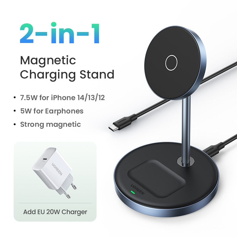 UGREEN Magnetic Wireless Charger Stand 20W Max Power 2-in-1 Charging Stand For iPhone 14 Pro Max/iPhone 13/AirPods Fast Charger