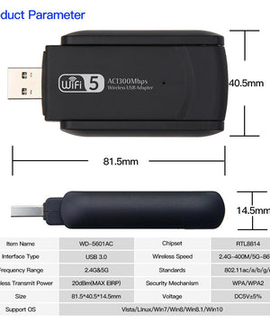 1300Mbps USB3.0 WiFi Adapter Dual Band 2.4G 5Ghz Wireless WiFi Dongle Antenna USB Ethernet Network Card Receiver For PC