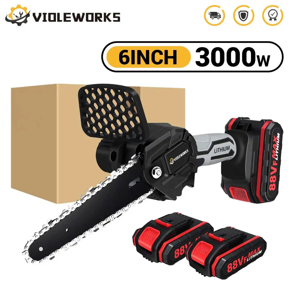 6 Inch Cordless Electric Chain Saw Rechargeable Two Battery Handheld Pruning Tool Wood Cutters Garden Power Chainsaw