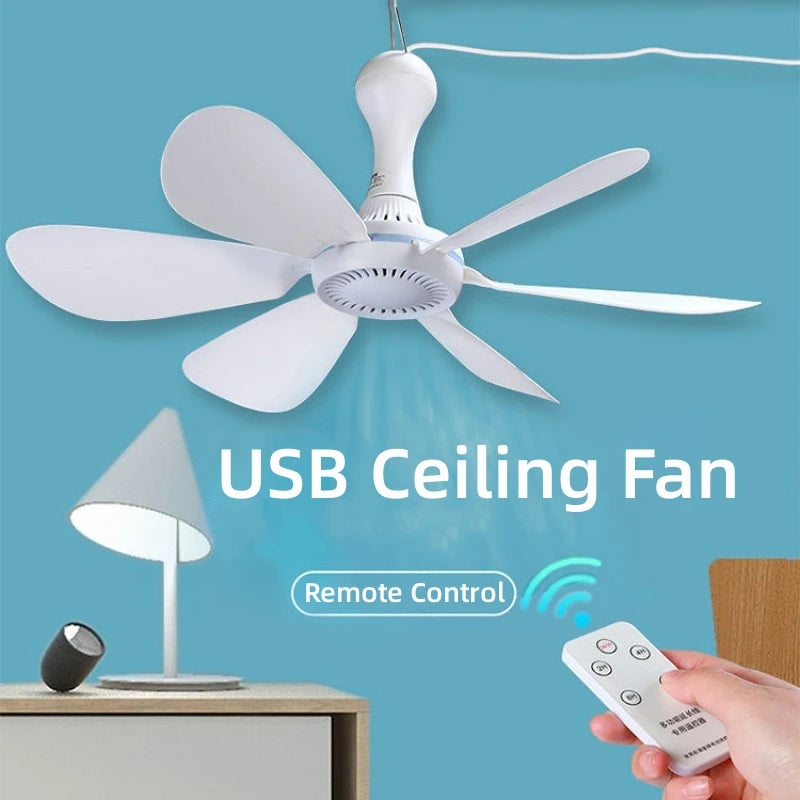 Silent 6 Leaves USB Powered Ceiling Canopy Fan with Remote Control Timing 4 Speed Hanging Fan for Camping Bed Dormitory Tent New