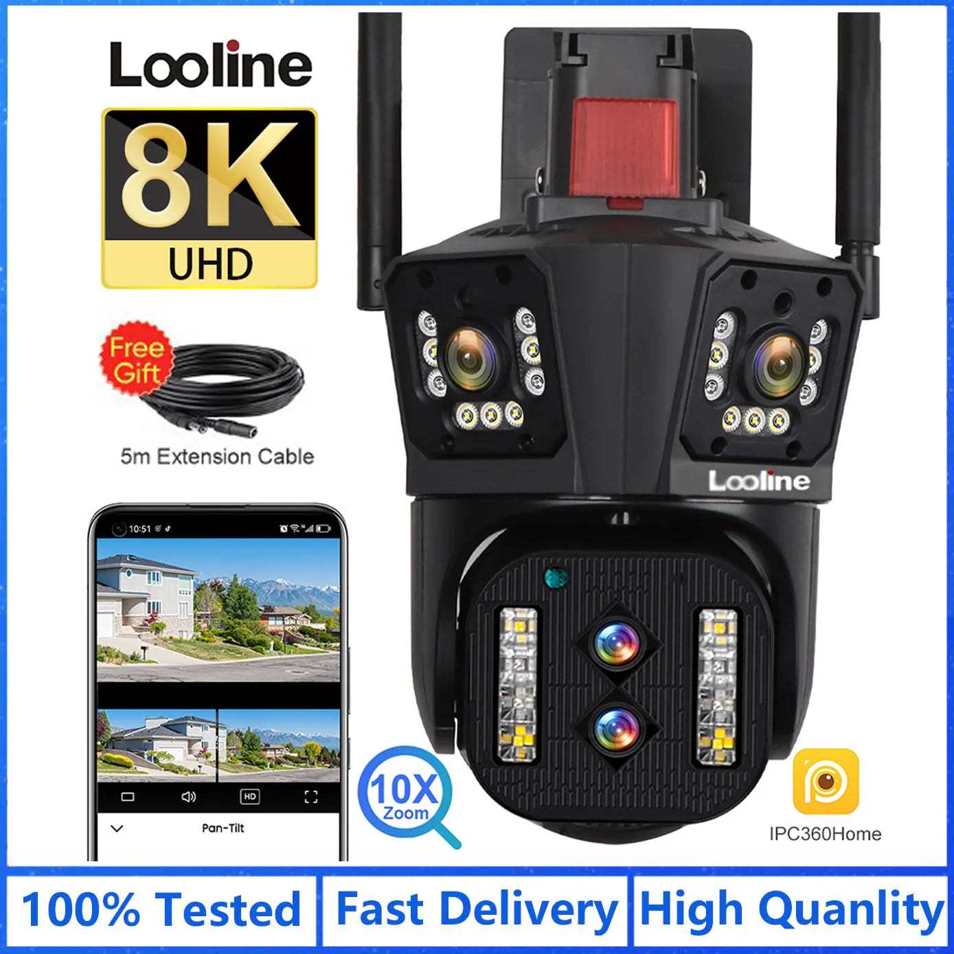 Looline 8K UHD 4x4MP IP Camera Outdoor 6K WiFi PTZ Multi Len Three Screen 10X Optical Zoom Auto Tracking 2-Way Audio CCTV Camera