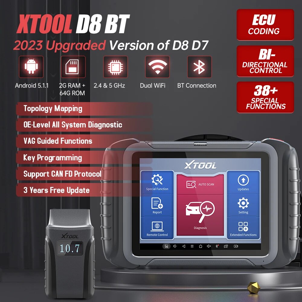 XTOOL D8BT Car OBD2 Diagnostic Tool D8 BT Active Test ECU Coding Key Programmer Topology Map All System Diagnosis CANFD 38 Reset