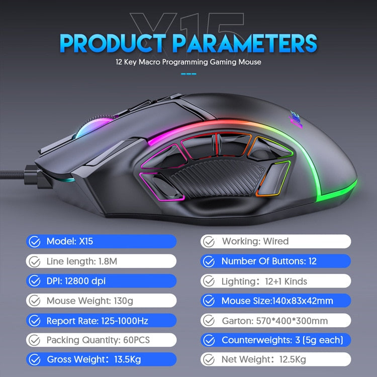 12800DPI Free Weight Macro RGB Gaming Mouse 12 Programmable Keys Game Mouse RGB Light Max to 6 levels For pc mac gun PUBG Laptop