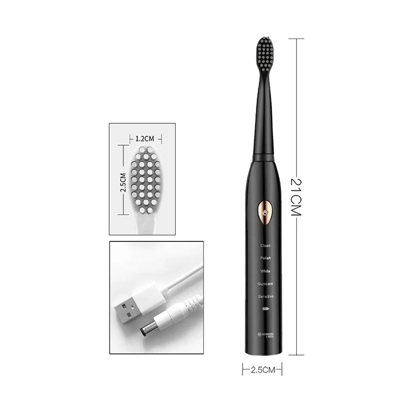 Adult Classic Electric Toothbrush 5-gear Mode USB Charging 4 colors IPX7 Waterproof Ultrasonic Rechargeable Soft Hair Toothbrush