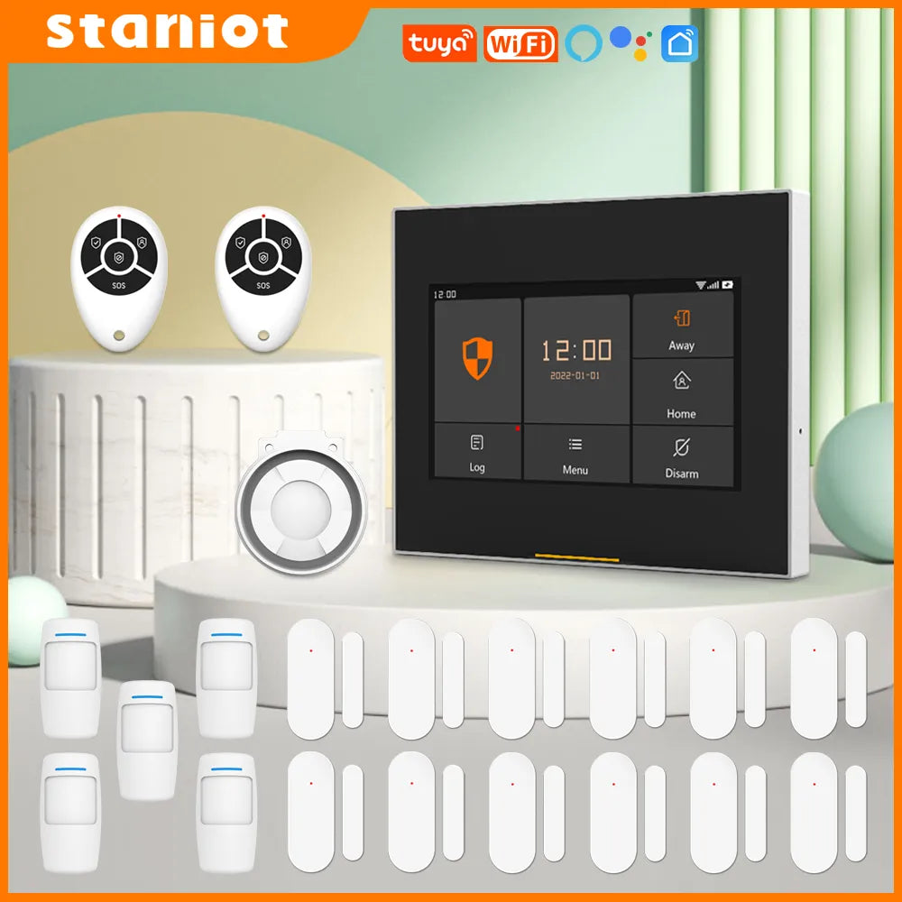 Staniot WIFI Version Tuya Intelligent Wireless WiFi House Security Alarm System Kits Compatible with Alexa and Google Home