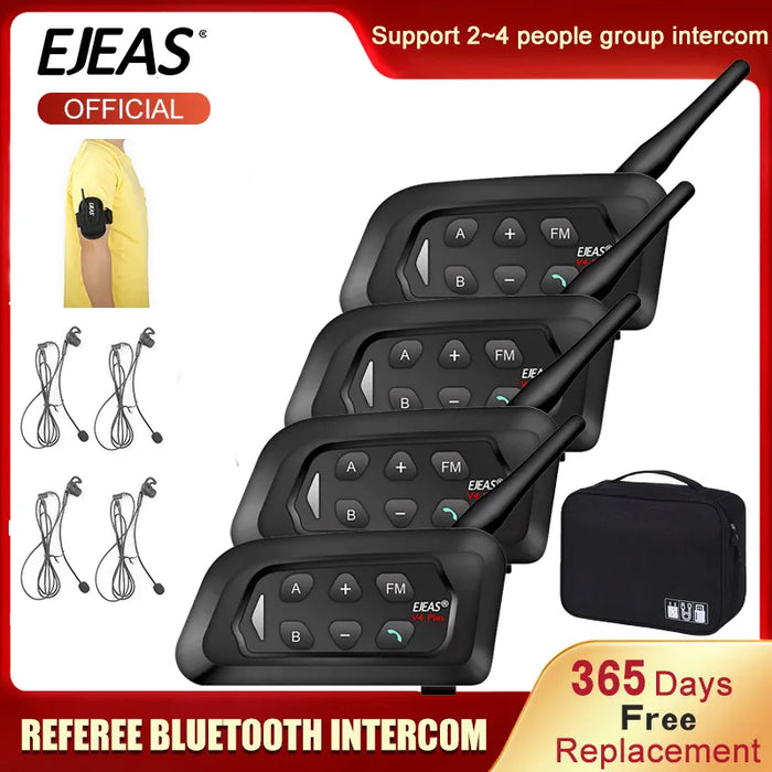 EJEAS 4PCS V4C Plus Referee Intercom Headsets with Suitcase 4 Group Bluetooth Full Duplex Communication Soccer Handball Football