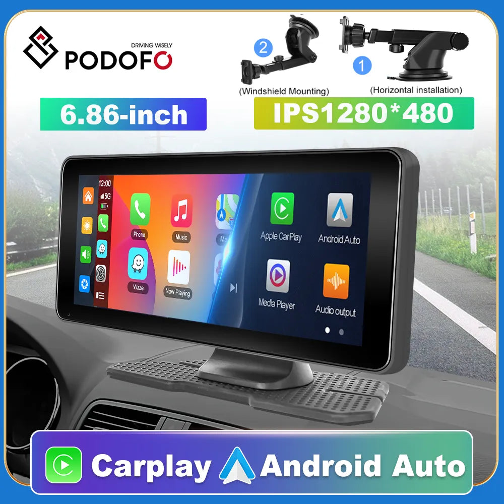 Podofo  6.86" Car Mirror Recording Carplay Android Auto Wireless Connection GPS Navigation HD Screen Dashboard DVR AI Voice