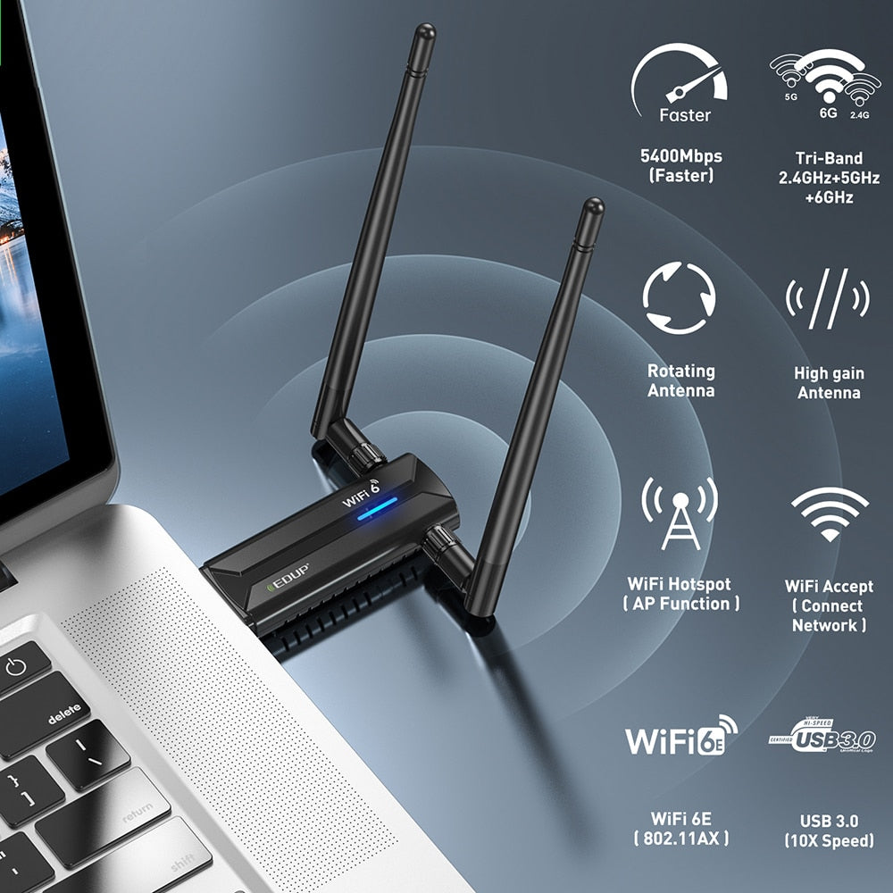 EDUP AX5400 USB 3.0 WiFi 6E Wireless Network card Tri Band 2.4G/5G/6GHz WiFi Adapter 802.11AX High Gain Antenna Dongle