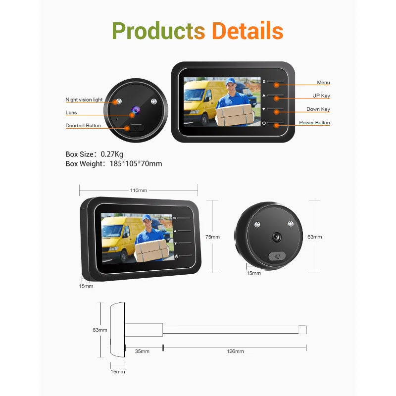Escam Video Peephole Doorbell Camera Video-eye Auto Record Electronic Ring Night View Digital Door Viewer Entry Home Security