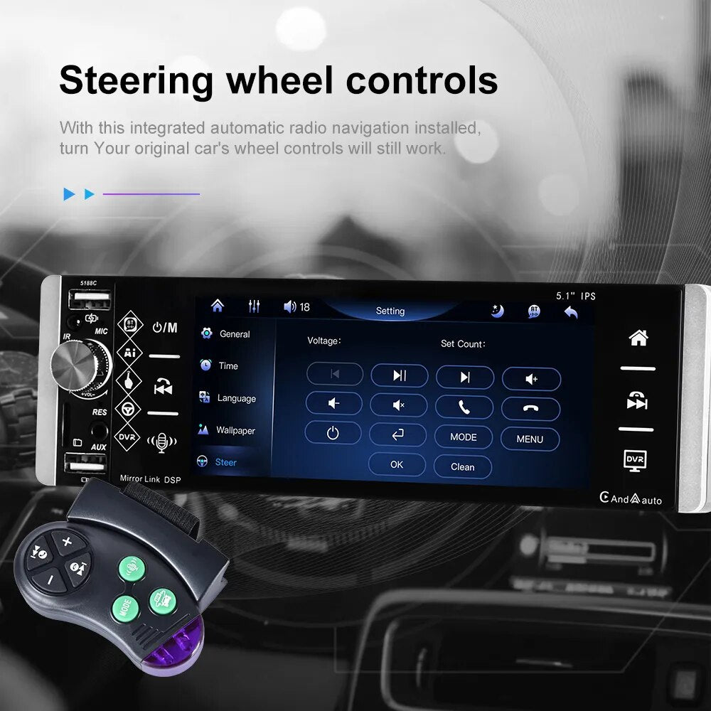 Podofo 1 Din CarPlay MP5 Player 5.1'' Car Radio Android Auto Stereo Receiver AI Voice MP3 Car Multimedia Player Bluetooth FM RDS
