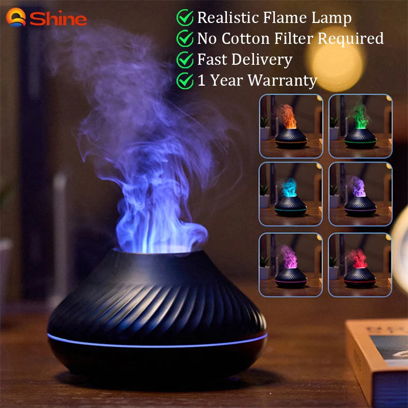 Volcanic Aroma Diffuser Cute Essential Oil Diffuser USB Portable Air Humidifier with Colorful Flame Night Light Mist Sprayer