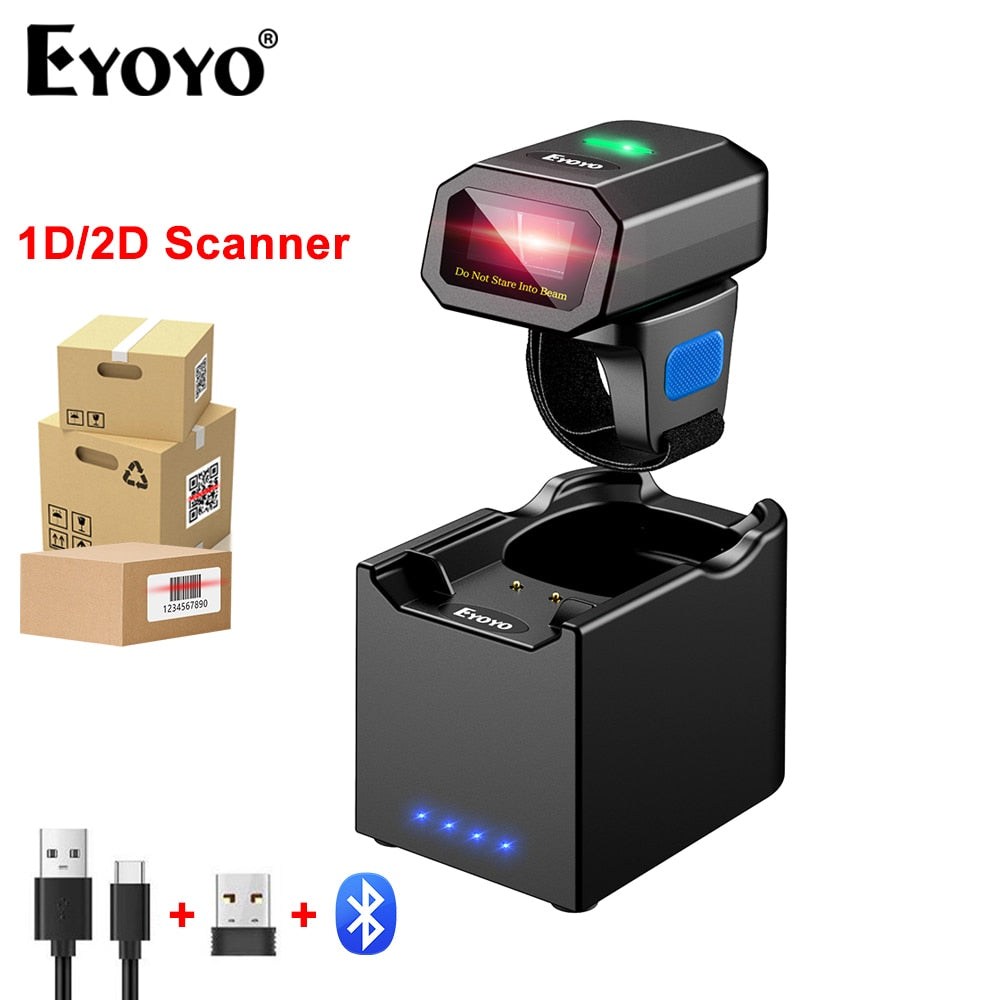 Eyoyo Bluetooth Barcode Scanner 2D Wireless Warehouse Portable Mini Wearable Ring 1D Bar Code Reader Support Android iOS Windows