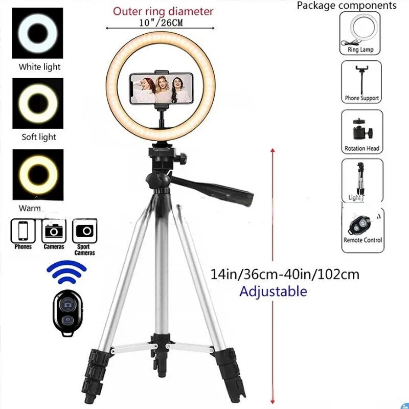 USB Charger 26cm Led Selfie Ring Light Phone Lens Remote Control Lamp Photography Lighting with Tripod Stand Holder