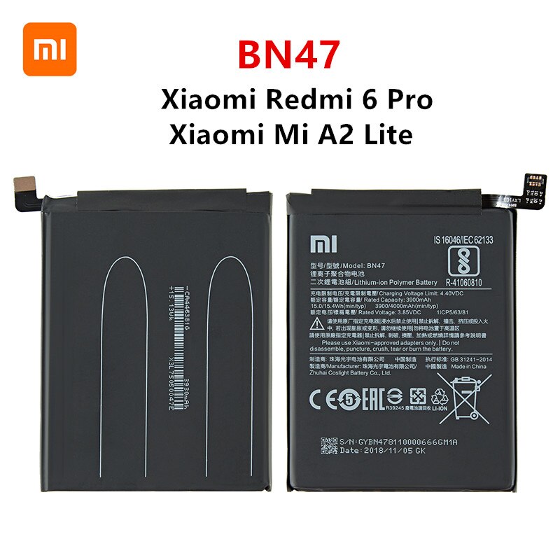 Xiao mi 100% Orginal BN47 4000mAh Battery For Xiaomi Mi A2 Lite/Xiaomi Redmi 6 Pro BN47 Phone Replacement Batteries +Tools