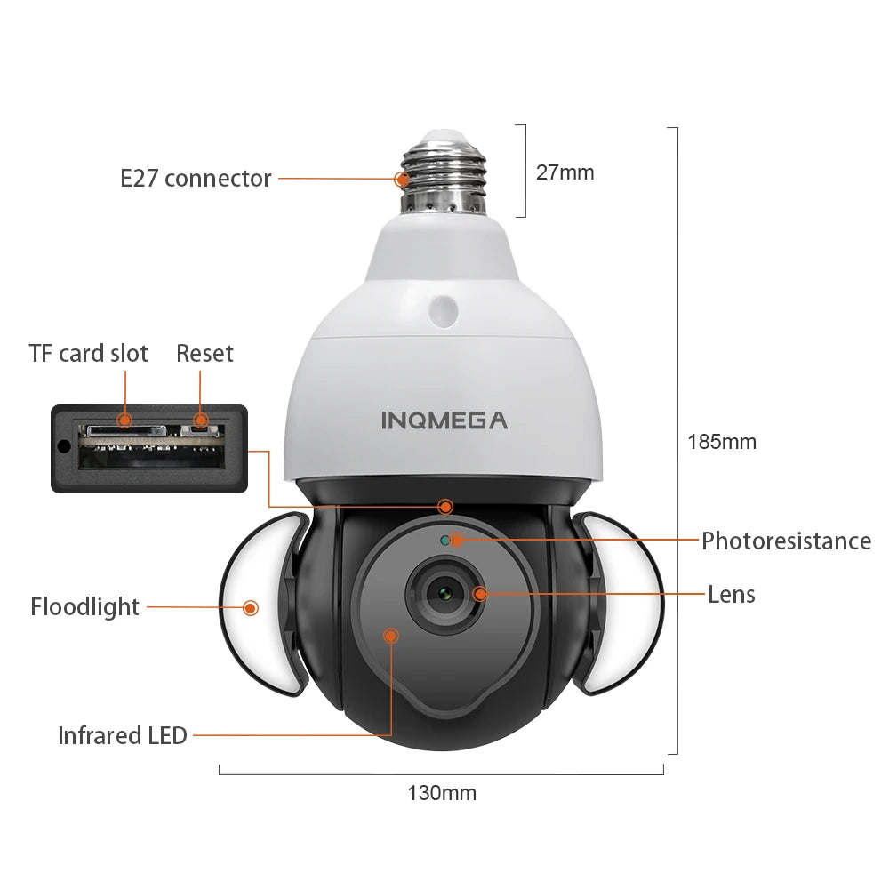 INQMEGA Bulb Camera 360 Rotate Auto Tracking Panoramic Camera  Light Bulb Wifi PTZ IP Camera Remote Viewing Security E27Bulb Int