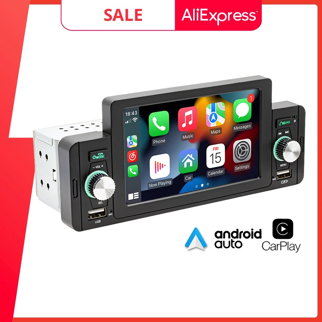 1 Din 5" CarPlay Radio Car Stereo Bluetooth MP5 Player Android-Auto Hands Free A2DP USB FM Receiver Audio System Head Unit F160C