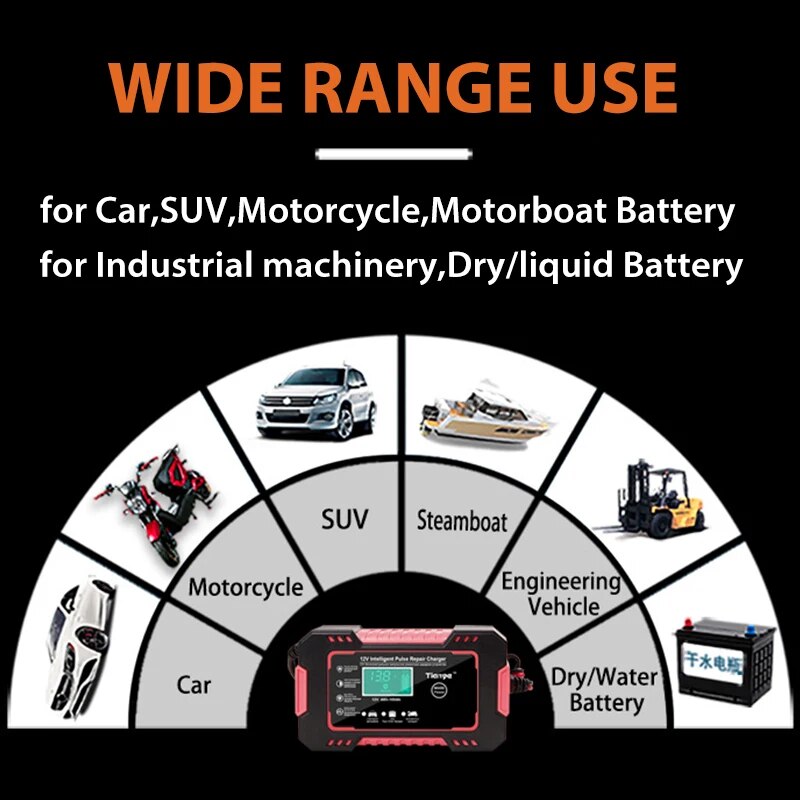 Full Automatic Car Battery Charger 12V Digital Display Battery Charger Power Puls Repair Chargers Wet Dry Lead Acid Car Accessor