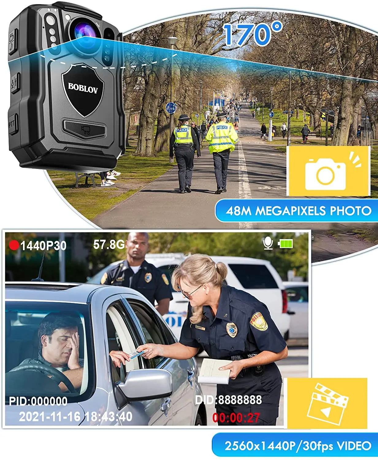 BOBLOV M5 Police Body Camera GPS Recorder 1440P Body Mounted Cam 128GB Body Camera Night Vision IR IP67 Dashcam Car Suction Cam