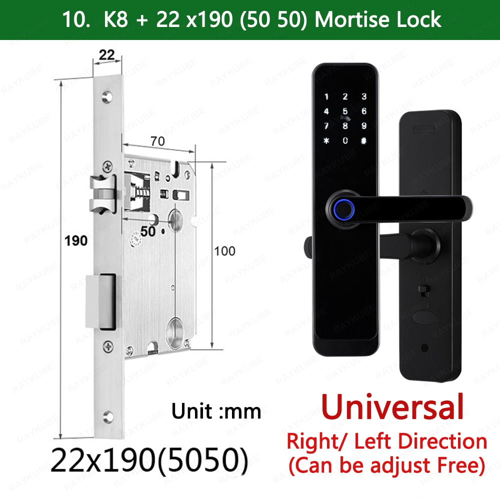 2023 NEW RAYKUBE K8 Tuya Wifi Smart Door Lock TT Lock Fingerprint Lock Digital Electric Lock With Longer Larger Handle Panels