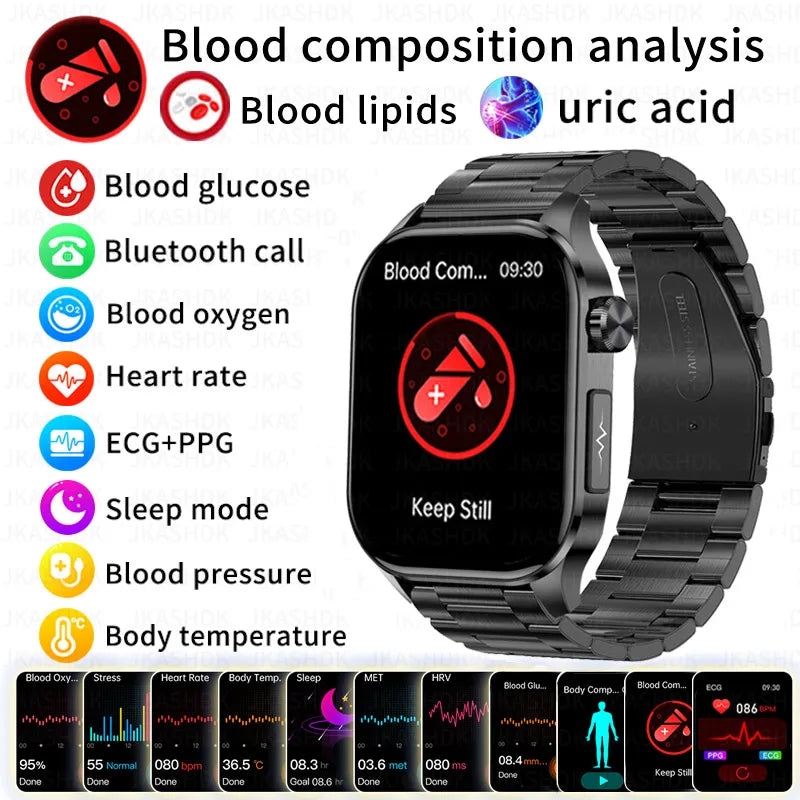 2024 New ECG+PPG +HRV Uric Acid Non invasive Blood Glucose Smart Watch Men Bluetooth Call Blood Lipid Blood Pressure Smartwatch