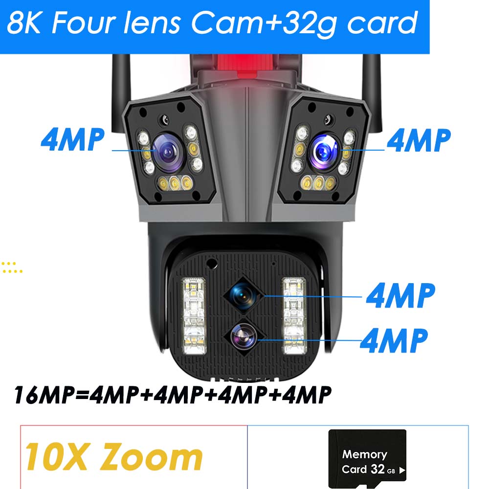 16MP 8K WiFi IP Camera 10X Zoom 4K Outdoor Security Camera Surveillance AI Track Four Lens Three Screen Mini Street Camera 360°