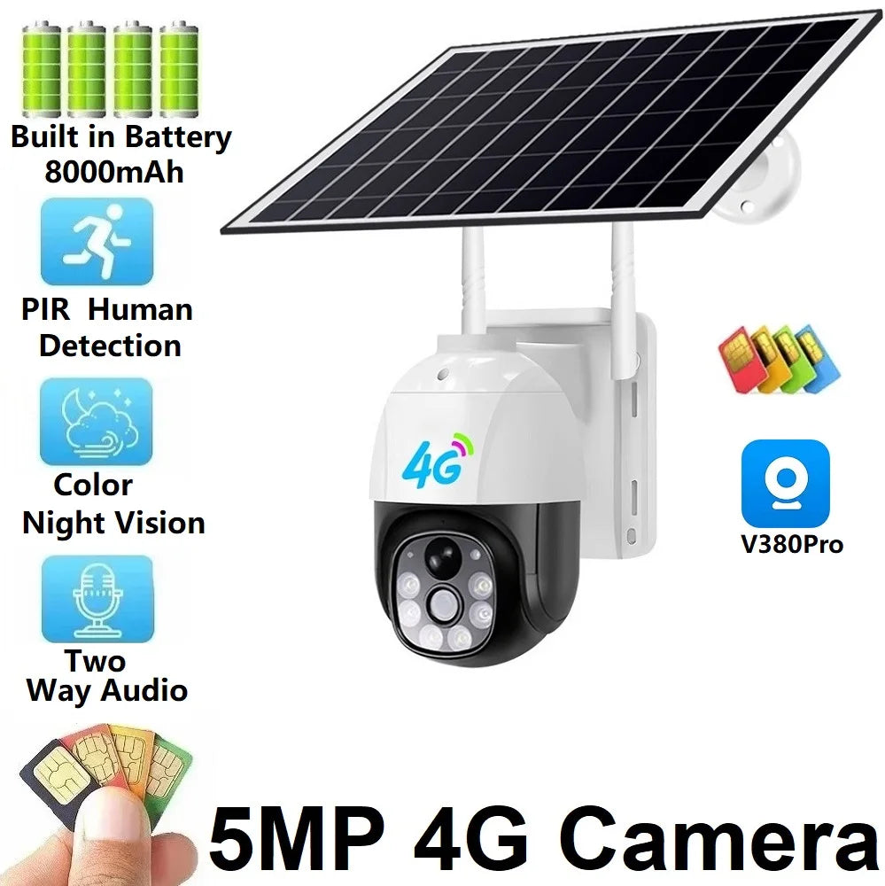 4X Zoom 5MP 4G SIM Card Wireless Video Camera With 7.5W Solar Panel 8000mAh Battery Solar Powered Street Camera V380Pro