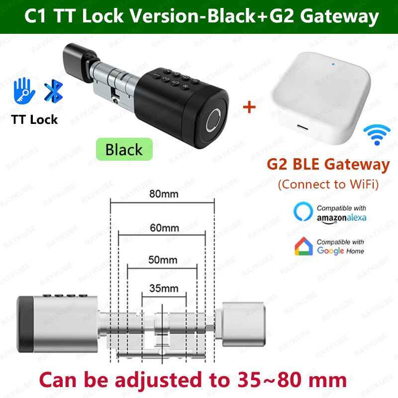 RAYKUBE C1 Tuya BLE TT Lock Smart Door Lock with 2-Ways-Adjustable Cylinder Length Fingerprint Password APP Key IC Card Unlock