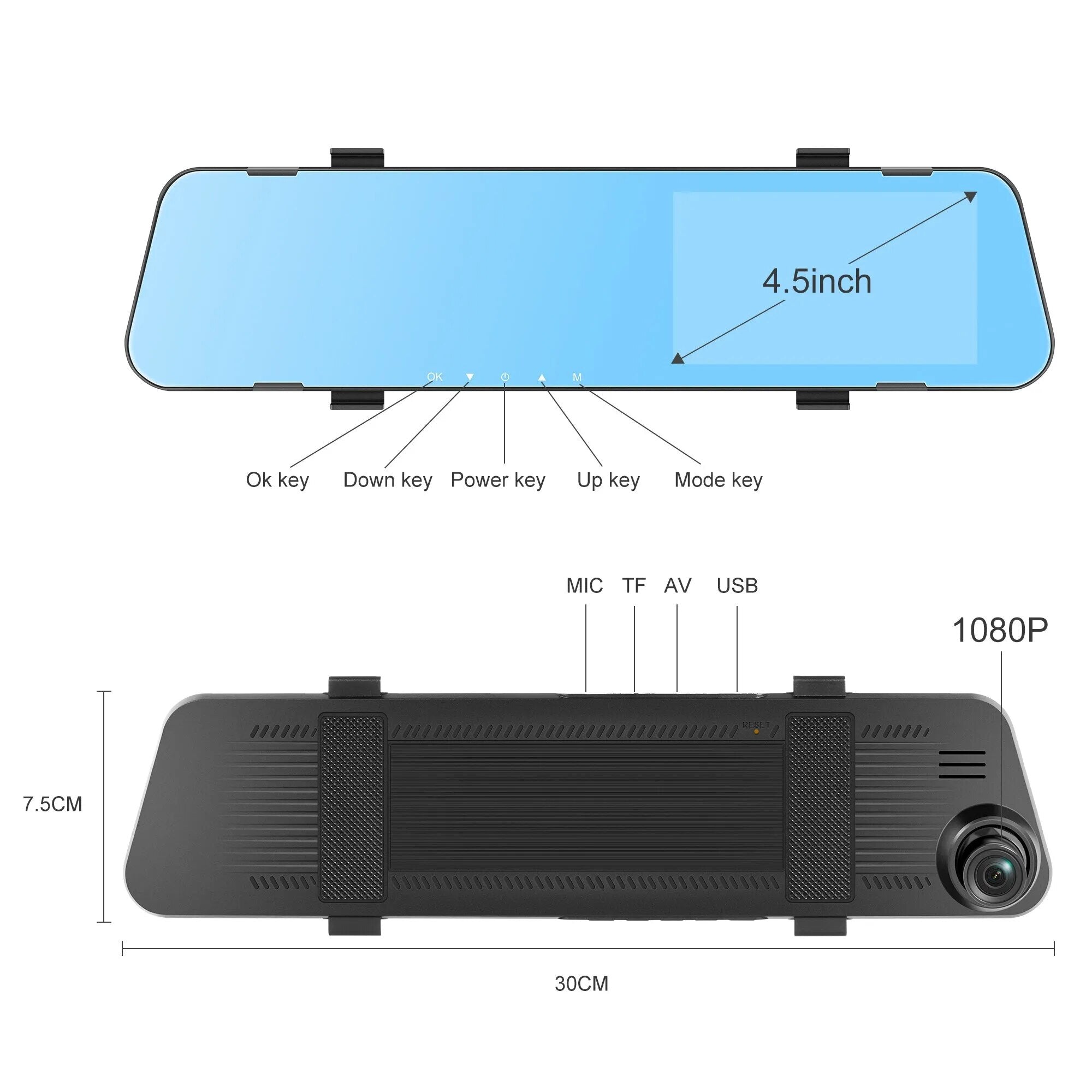 4.5In Mirror Recorder HD 1080P Mirror Car Dash Cam Dual Lens Video Black Box Car DVR Dash Camera Loop Recording