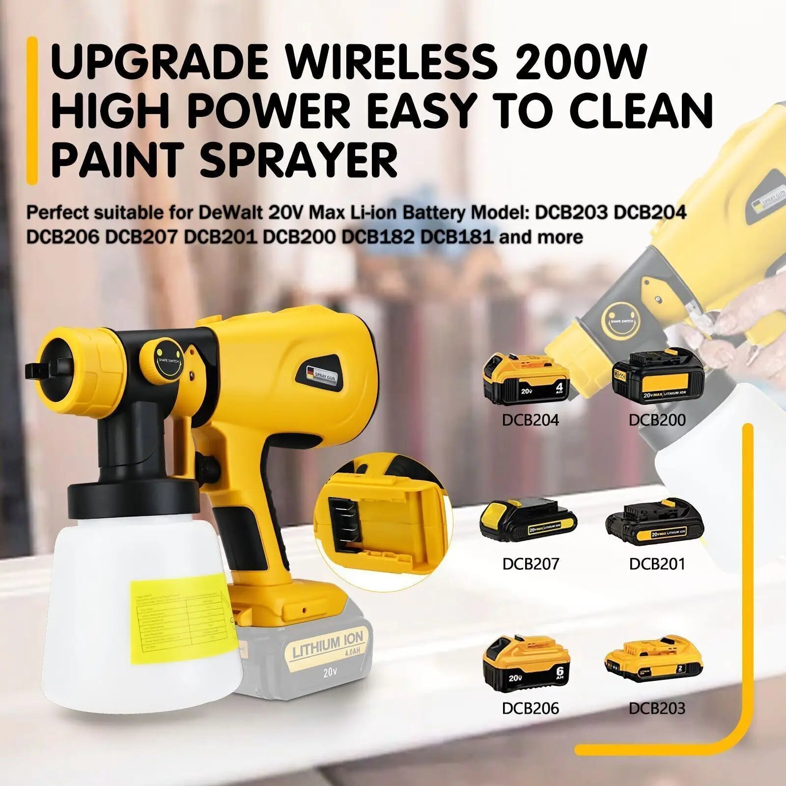 800ML Handheld Electric Spray Gun For Dewalt 18V 20V Lithium Battery Cordless High Power Paint Sprayer with 3 Spray Patterns