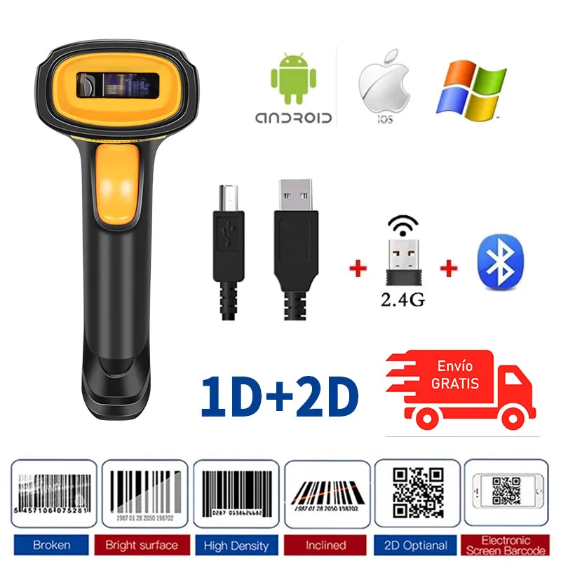 Free shipping Code Scanner 1D 2D Bluetooth Barcod Scanner Handheld Wireless cmos QR Barcode Reader for Warehouse Inventory POS
