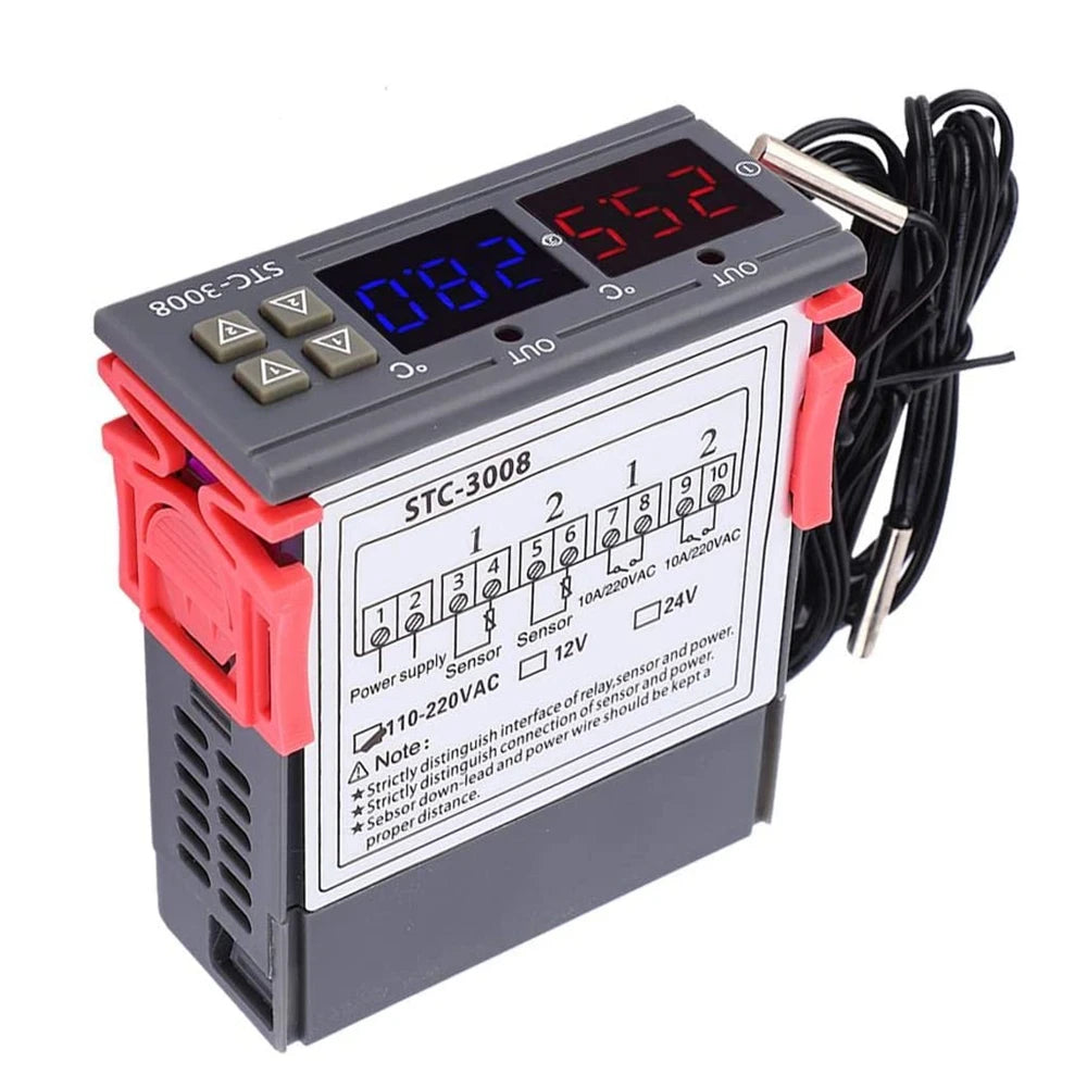 Dual Digital STC-3008 Temperature Controller Two Relay Output Thermostat Heater with Probe 12V 24V 220V Home Fridge Cool Heat