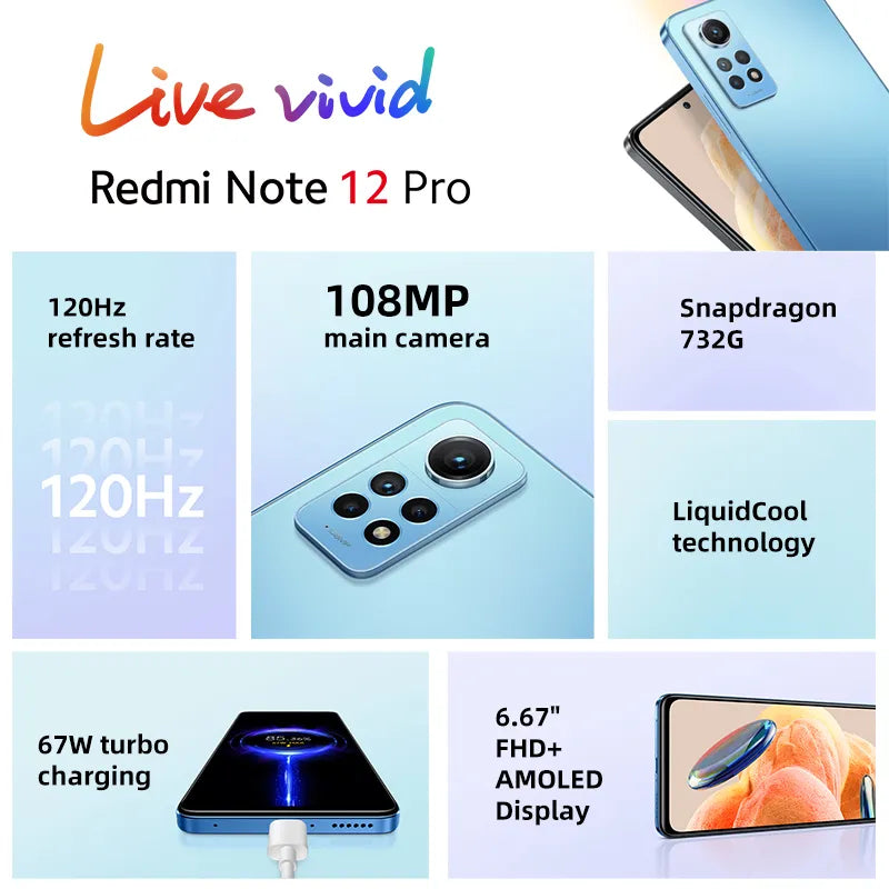 Xiaomi Redmi Note 12 Pro 4G Global Version 108MP Camera 120Hz AMOLED Display Snapdragon 732G NFC 67W Charging MIUI 13