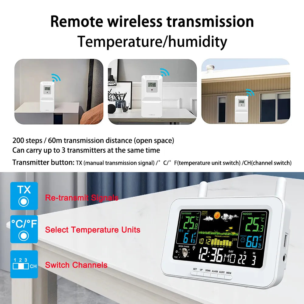 Wifi Wireless Thermometer Hygrometer Indoor Outdoor APP Control Weather Station Clock Digital Temperature Humidity Monitor