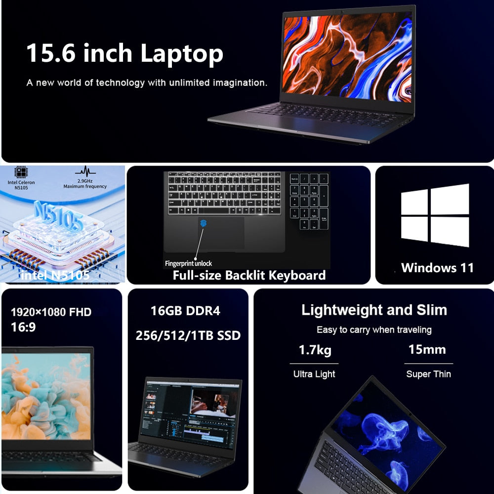 Cheap Office Laptops Windows 11 School Notebook Computer PC Netbook 15.6 Inch Intel Celeron N5105 16G RAM 1TB M.2 Dual WiFi