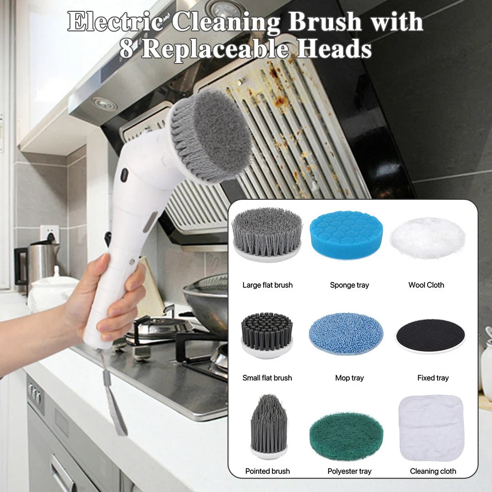 8 In 1 Multifunctional Electric Cleaning Brush USB Rechargeable Household Kitchen Bathroom Brush Rotating Cleaning Brush