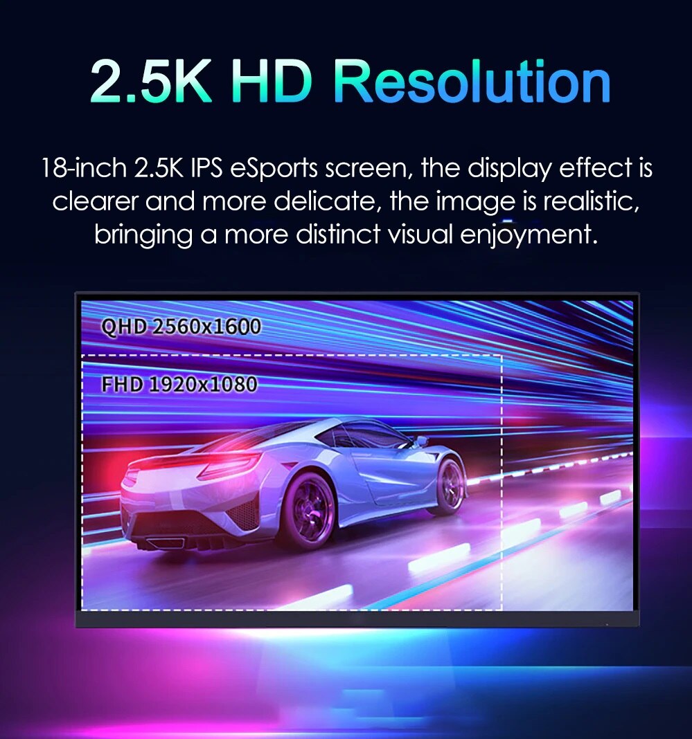 18 Inch 2.5K 144Hz Portable Monitor Freesync 99%DCI-P3 Display IPS Gaming Screen For PC Laptop Mac Phone Xbox PS4/5 Switch