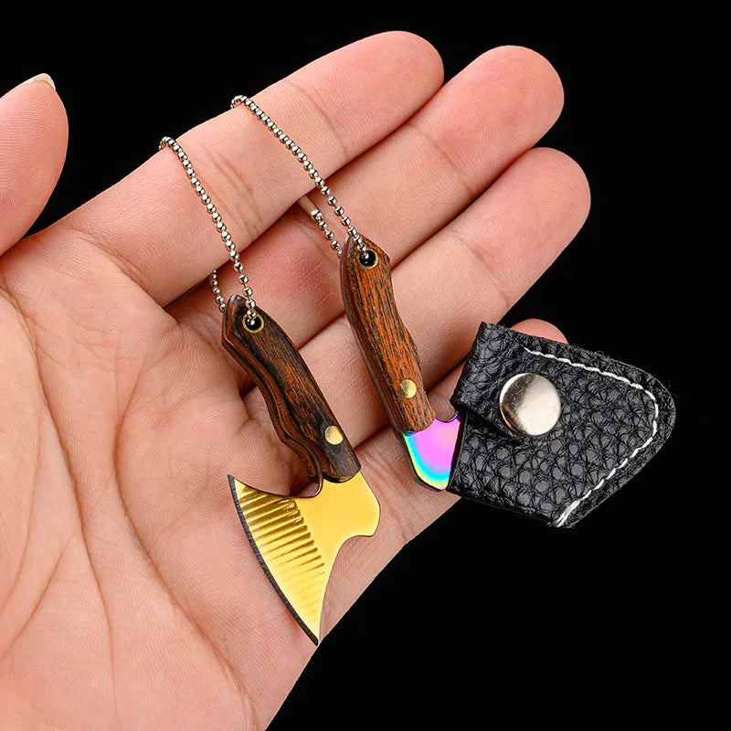 Stainless Steel Mini Axe Keychain with Small Leather Sleeve Portable Wood Handle Hatchet Express Knife Cutter