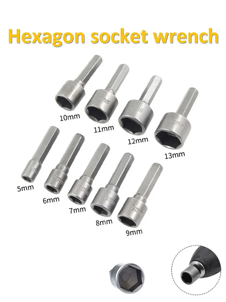 9pcs 5-13mm Hexagon Nut Driver Drill Bit Socket Screwdriver Wrench Set Adapter for Electric Screwdriver Handle Tool