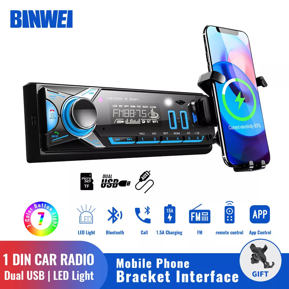 BINWEI Car Radio MP3 Player Fm Radio Car Bluetooth Car Stereo Audio Receiver 1 Din Multimedia Player 12V Aux Input SD/TF/USB