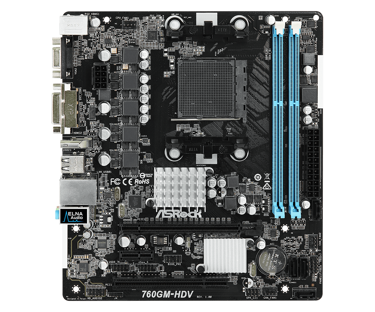 ASRock 760GM-HDV Motherboard Socket AM3+ AMD 760G  2xDDR3 32GB 4xSATA2 USB 2.0 Micro ATX For  AMD Phenom II X6/X4/X3/X2 cpu