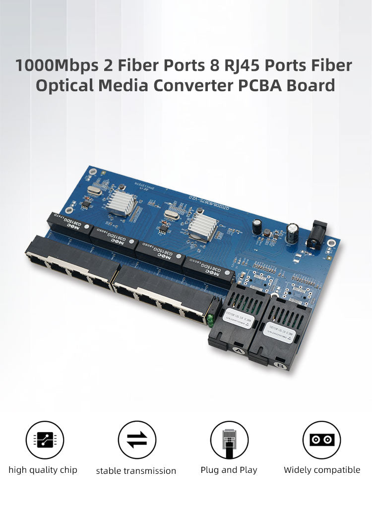 10pcs 10/100/1000m Gigabit placa metro Switch fibra 8 RJ45 UTP 2 SC Fiber Port Fast Ethernet Fiber Optical Media Converter PCBA