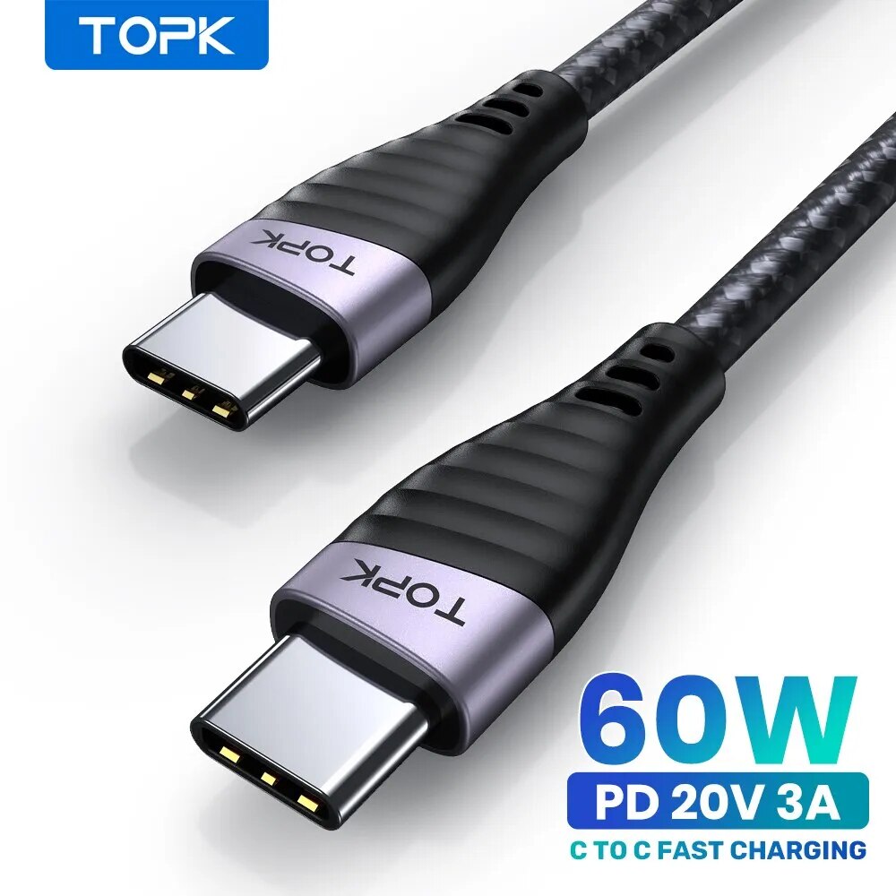 TOPK 60W USB C To Type C Cable PD Fast Charging Charger Cable Data Cord For Macbook Huawei Xiaomi POCO Samsung USB-C Cable