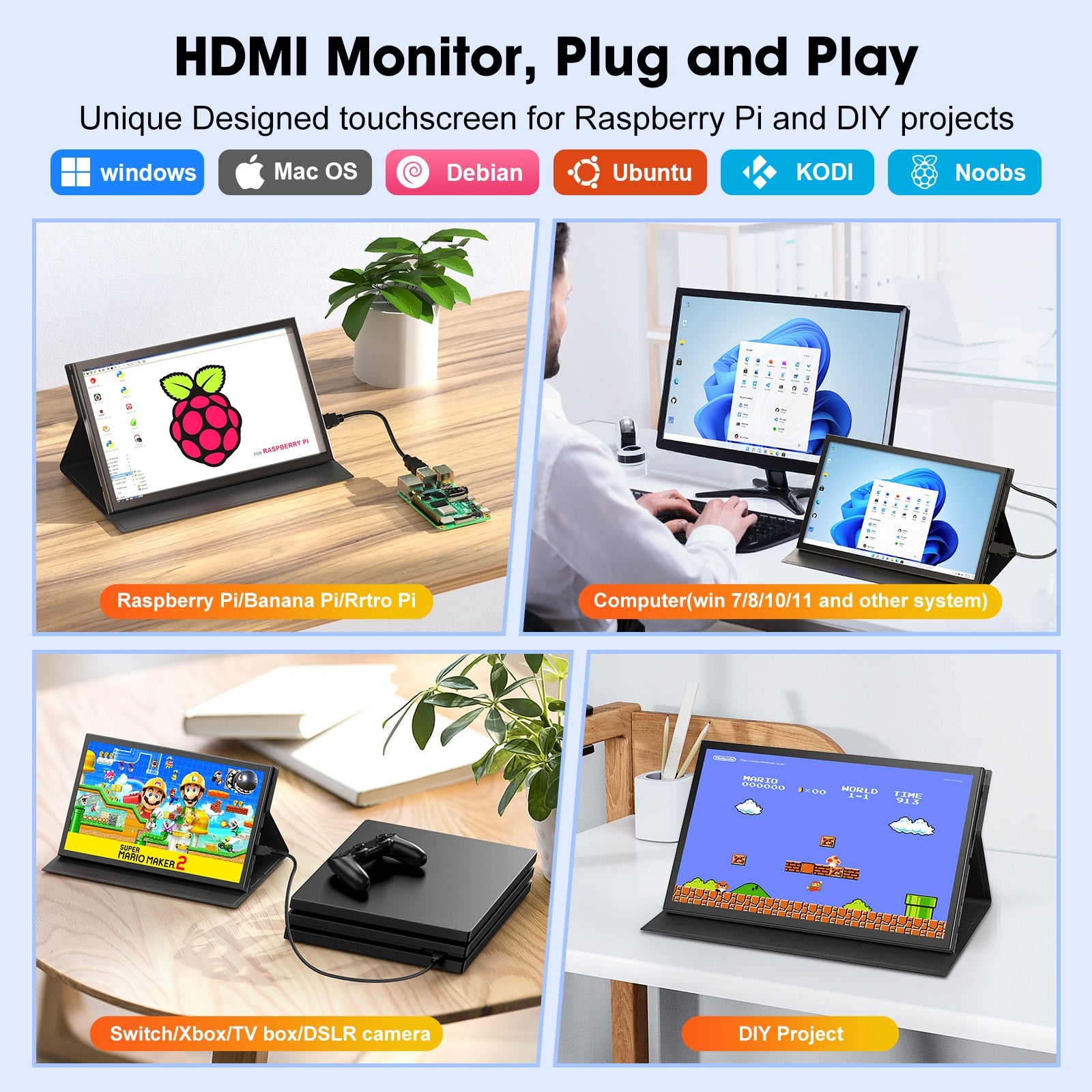 Miktver Driver Free 10.1 Inch Capacitive Touch Screen 1024*600 Portable HDMI Gaming Monitor 3ms Response Compatible Raspberry Pi