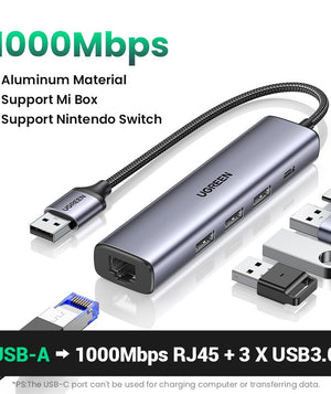 UGREEN USB Ethernet Adapter 1000/100Mbps USB3.0 HUB RJ45 Lan for Laptop PC Xiaomi Mi Box Macbook Windows USB-C HUB Network Card