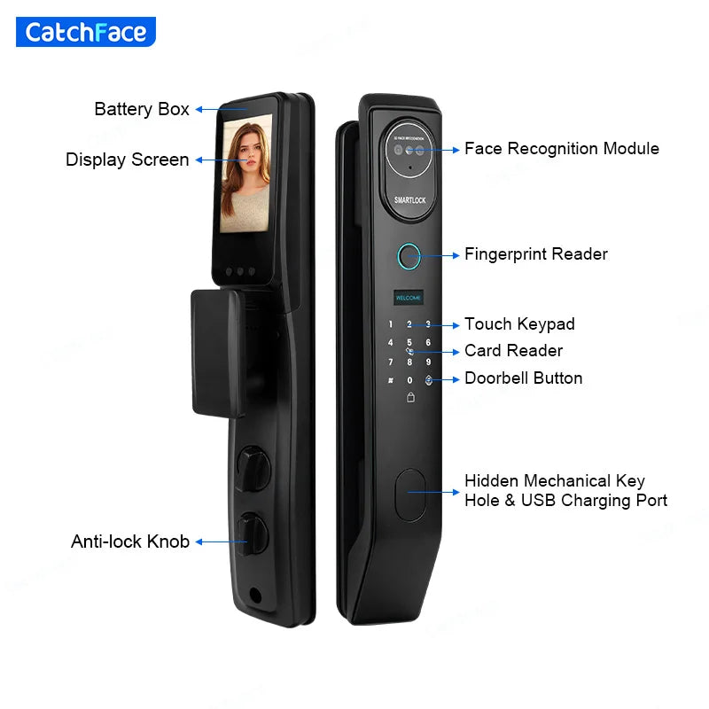 Facial Recognition Automatic Door Lock TUYA Front Door Fingerprint Smart Lock Digit Camera Visible Inner Screen