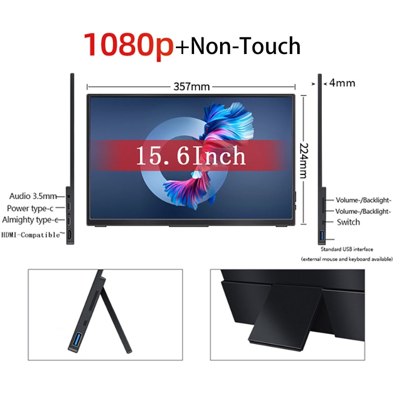 15.6 inch 1080p Touch Screen IPS Portable Monitor with HDR USB-C HDMI-Compatible for Mobile Laptop Xbox PS4/5 Switch Metal Shell