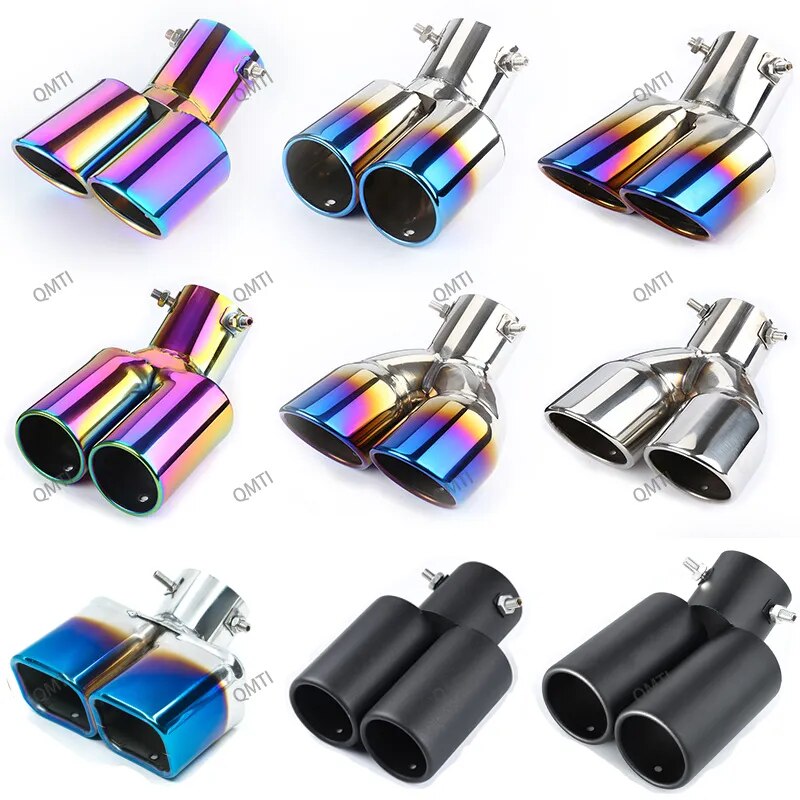 Dual Outlet Car Exhaust Tip Stainless Steel Auto Muffler Modified Universal Exhaust Pipe Tail Chrome Trim 1.5-2.25 Inch Inlet