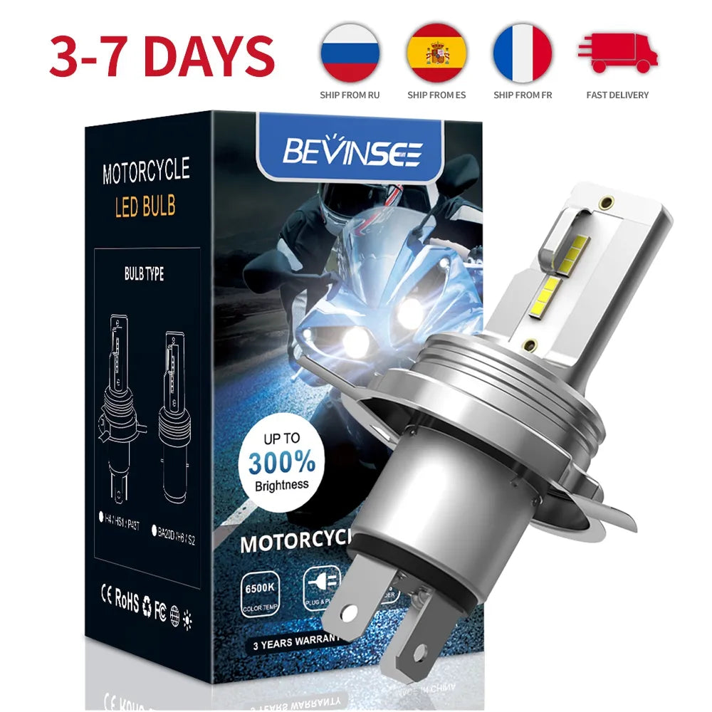 Bevinsee H4 LED Moto BA20D LED 12V Motorcycle Headlight Bulbs 1500LM 6000K White H4 LED High And Low Headlamp For Yamaha Honda