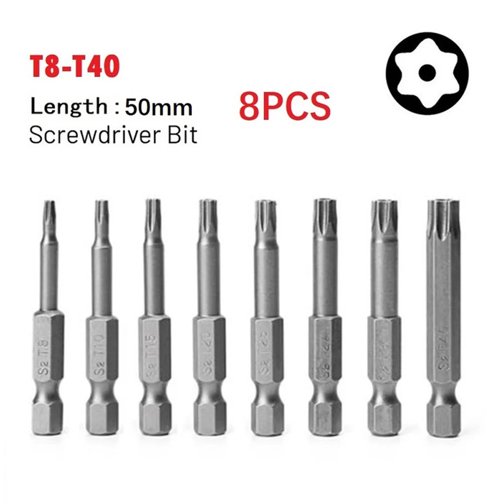 8pcs 50mm Torx Screwdriver Bits With Hole T8-T40 1/4 Inch Hex Shank Electric Screw Driver Blossom Hollow Bit Set Hand Tools